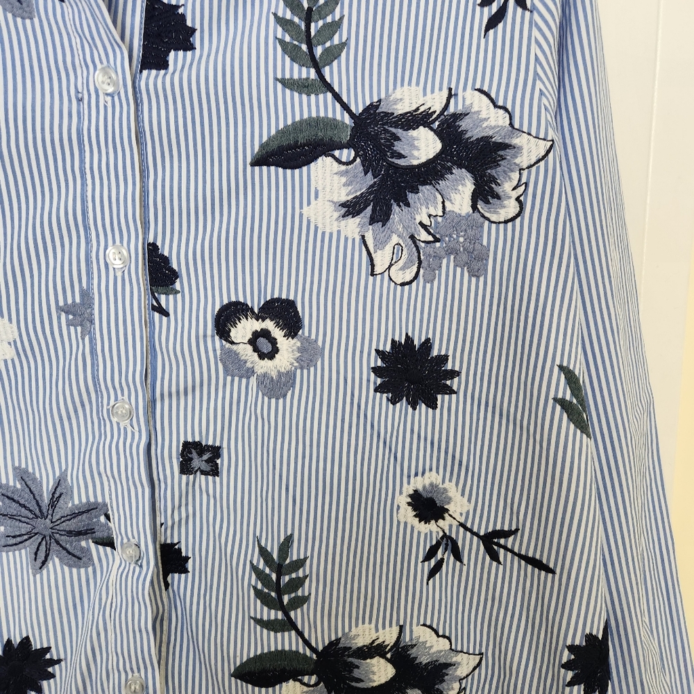 Simon Chang Blue Pinstripe Embroidered Button Down - Picture 2 of 4